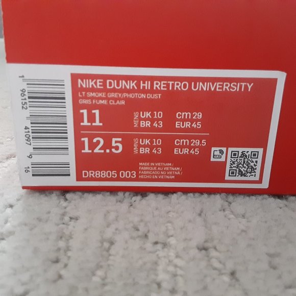 Size 11 - Nike Dunk High Retro University Chenille Swoosh Light Smoke Grey - NEW - Picture 9 of 10